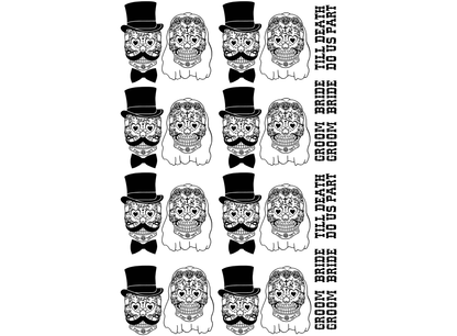 Sugar Skull Bride Groom 16 pcs 1.25 Inch Black Fused Glass Decals
