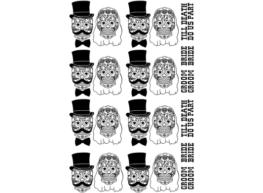 Sugar Skull Bride Groom 16 pcs 1.25 Inch Black Fused Glass Decals