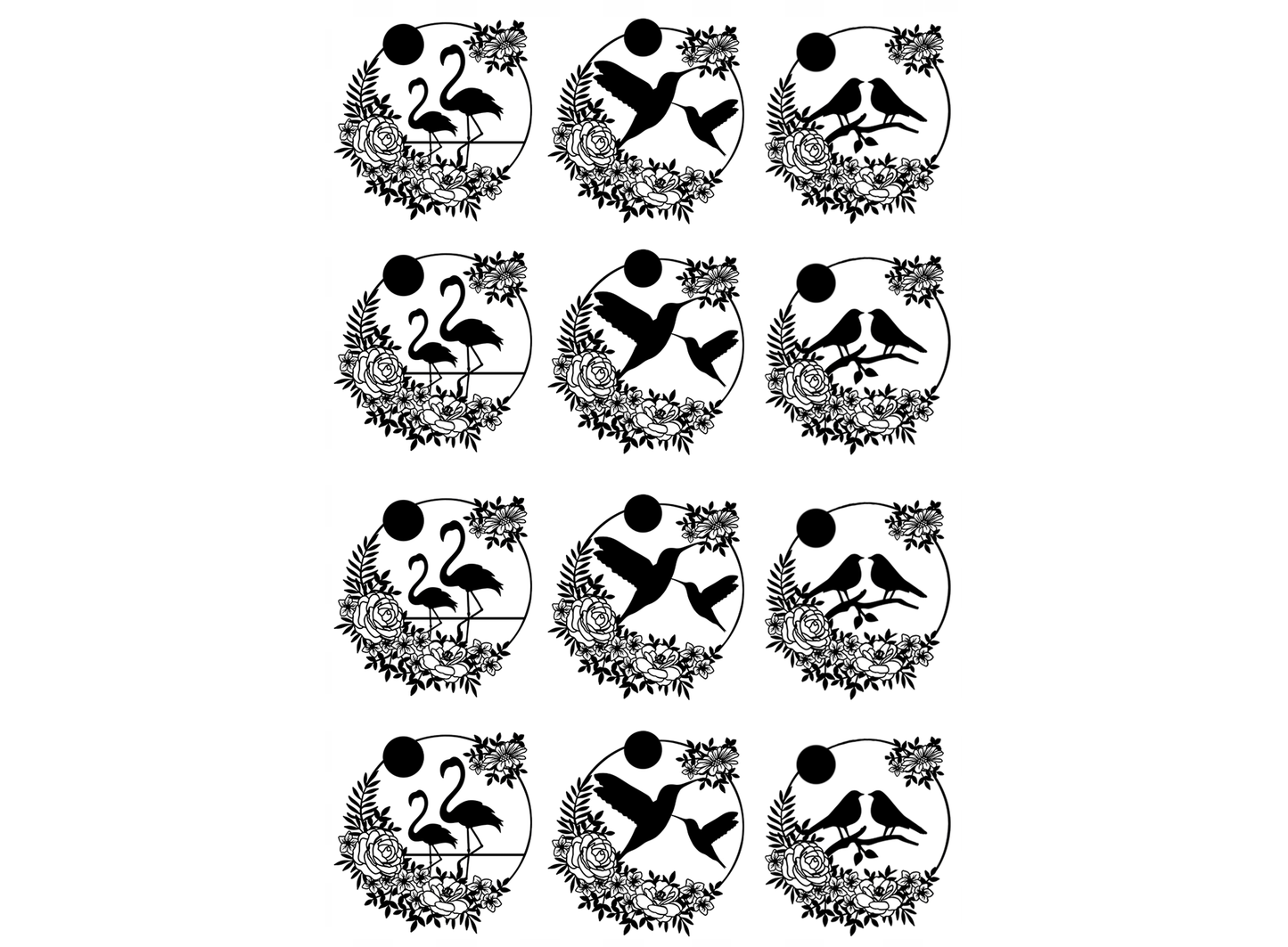 Bird Wreaths 12 pcs Black Fused Glass Decals