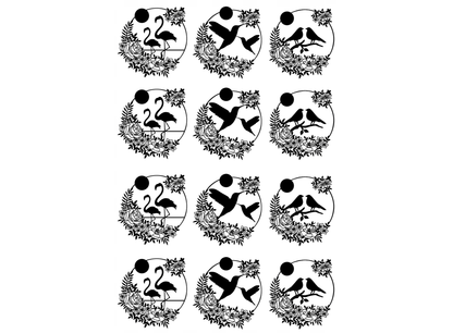 Bird Wreaths 12 pcs Black Fused Glass Decals