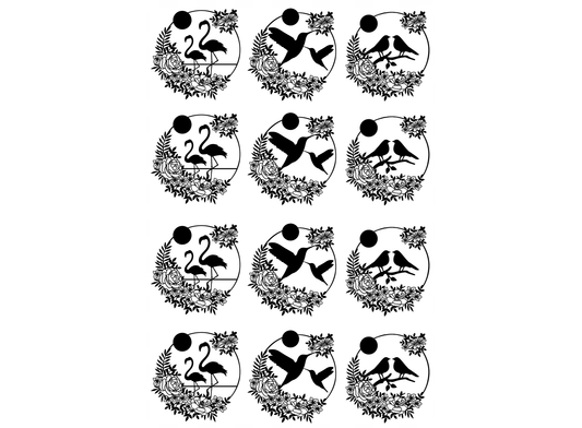 Bird Wreaths 12 pcs Black Fused Glass Decals