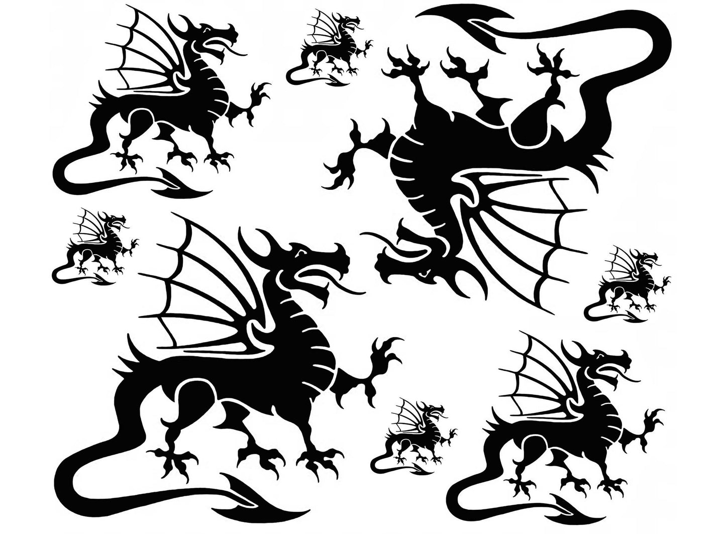 Welsh Dragons 8 pcs 1 to 4 Inch Black Fused Glass Decals