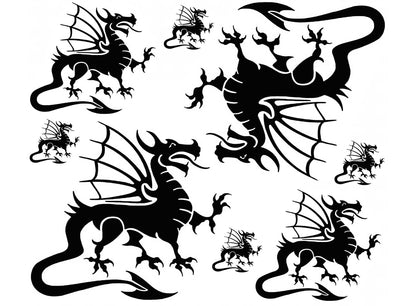Welsh Dragons 8 pcs 1 to 4 Inch Black Fused Glass Decals