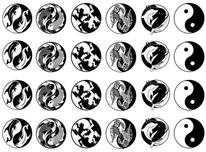 Yin Yang Aquatic Animals 24 pcs 1 Inch Black Fused Glass Decals