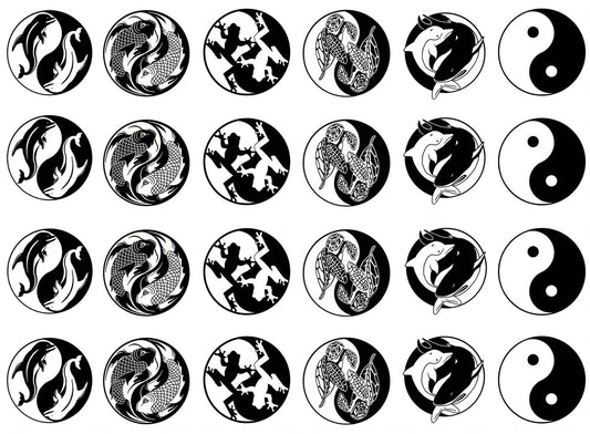 Yin Yang Aquatic Animals 24 pcs 1 Inch Black Fused Glass Decals
