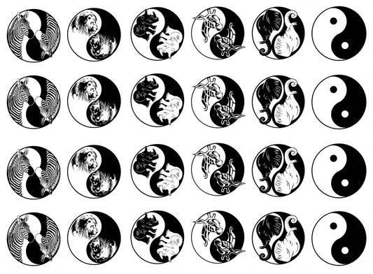 Yin Yang African Animals 24 pcs 1" Black Fused Glass Decals