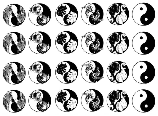 Yin Yang African Animals 24 pcs 1 Inch Black Fused Glass Decals