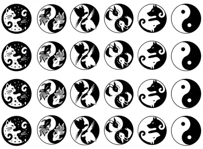 Yin Yang Pet Animals 24 pcs 1 Inch Black Fused Glass Decals