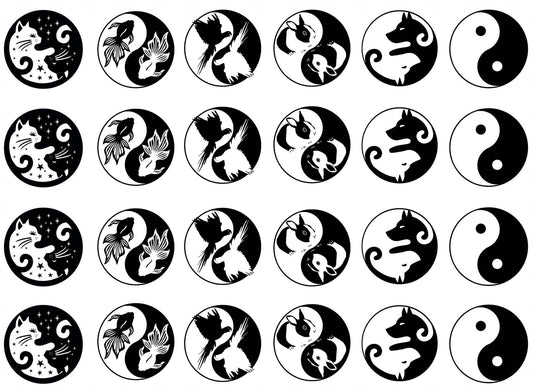 Yin Yang Pet Animals 24 pcs 1 Inch Black Fused Glass Decals