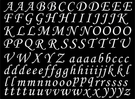 Corsiva Font Alphabet 156 pcs 0.5 Inch White Fused Glass Decals