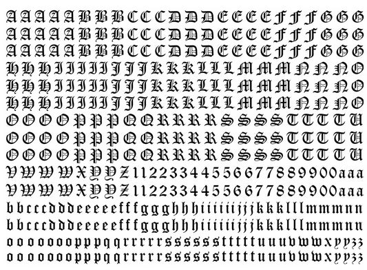 Old English Font Letters 434 pcs 0.25 Inch tall Black Fused Glass Decals