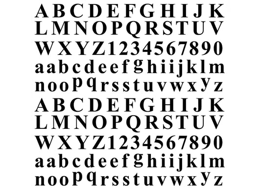 Times New Roman Letters 268 pcs (2 cards) 0.25 Inch Black Fused Glass Decals