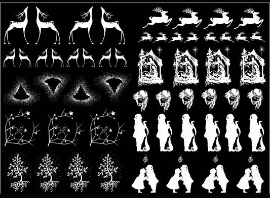 Christmas Reindeer Santa 55 pcs White Fused Glass Decals