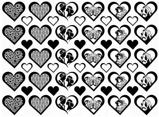 Art Nouveau Hearts 50 pcs 1/2" to 1" Black Fused Glass Decals