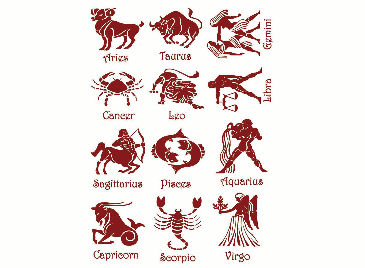 Astrology Zodiac Signs 12 pcs 1" Red Fused Glass Decals