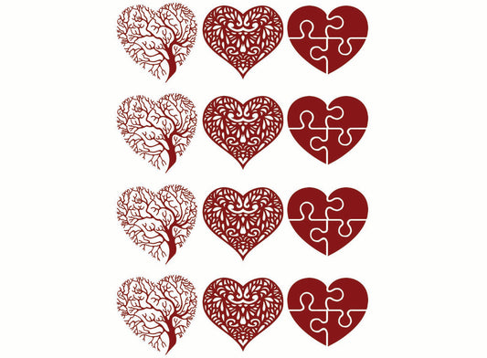 Heart Tree Lace Puzzle 12 pcs 1-1/8" Red Fused Glass Decals