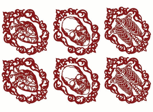Gothic Heart Skull Ribcage 6 pcs 2.75 Inch Red Fused Glass Decals