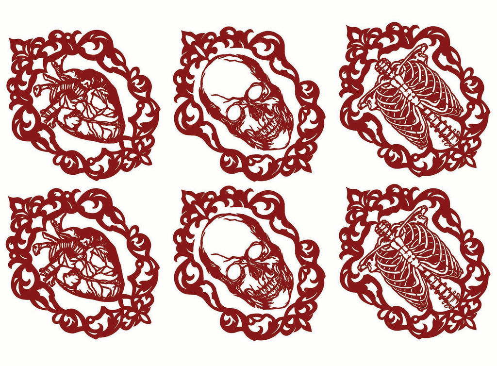 Gothic Heart Skull Ribcage 6 pcs 2-3/5" Red Fused Glass Decals