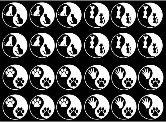Yin Yang Pet Dog Cat 24 pcs 1" White Fused Glass Decals