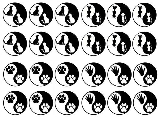 Yin Yang Pet Dog Cat 24 pcs 1" Black Fused Glass Decals