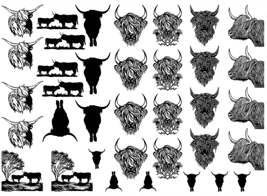 Highland Cows 36 pcs 1" Black Fused Glass Decals