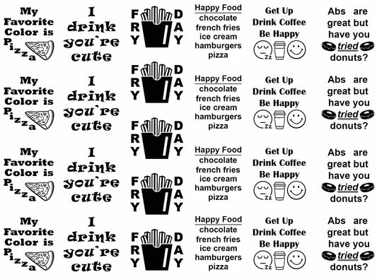Food Drink Humor 25 pcs 1 Inch Black Fused Glass Decals