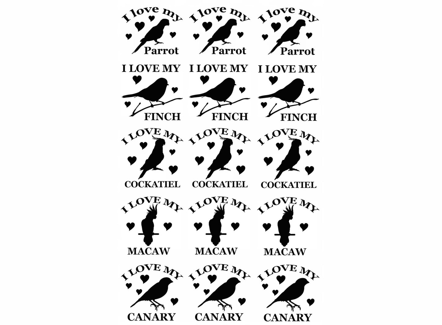 I Love My Bird 15 pcs 1 Inch Black Fused Glass Decals