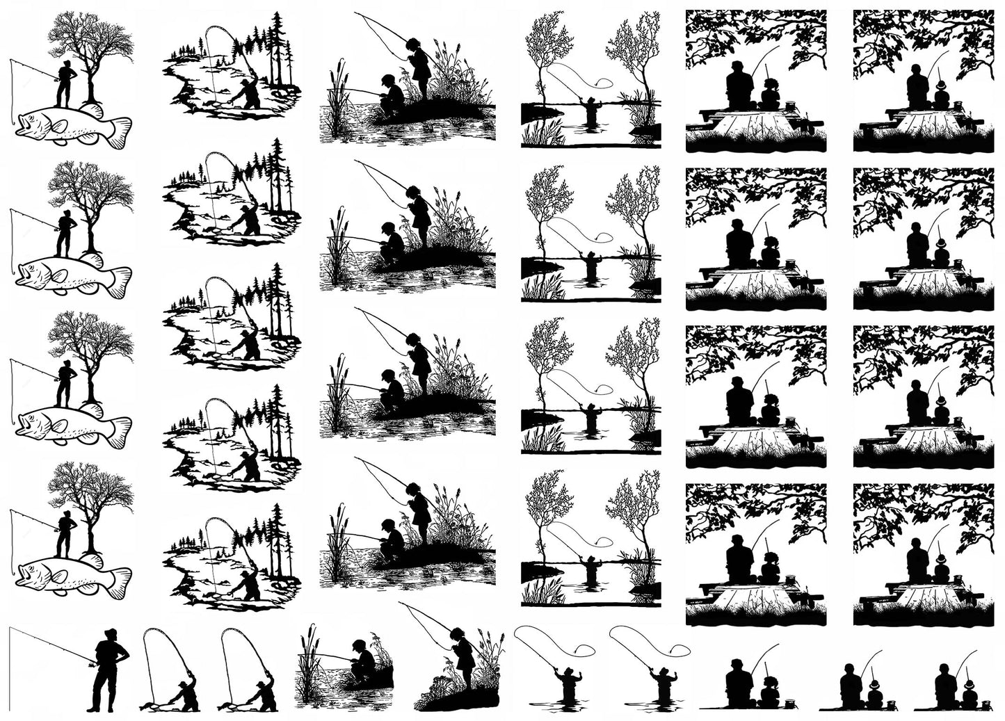 Fishing Scenes 35 pcs 0.5 to 1.25 Black Fused Glass Decals