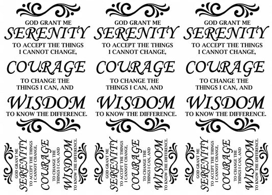 Serenity Prayer 6 pcs 2.25 to 3.5 Inch Black Fused Glass Decals