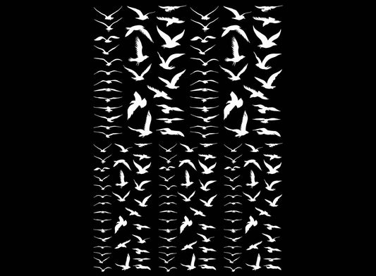 Tiny Birds in Flight 155 pcs White Fused Glass Decals
