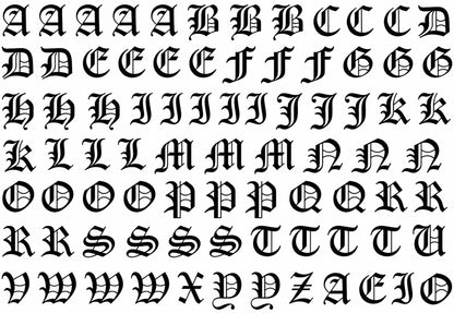 Old English Font Alphabet Upper Case 81 pcs 0.5 Inch tall Black Fused Glass Decals