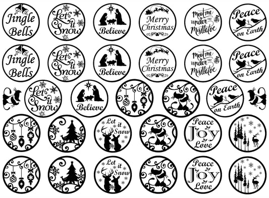 Christmas Rounds 31 pcs 1" Black Fused Glass Decals