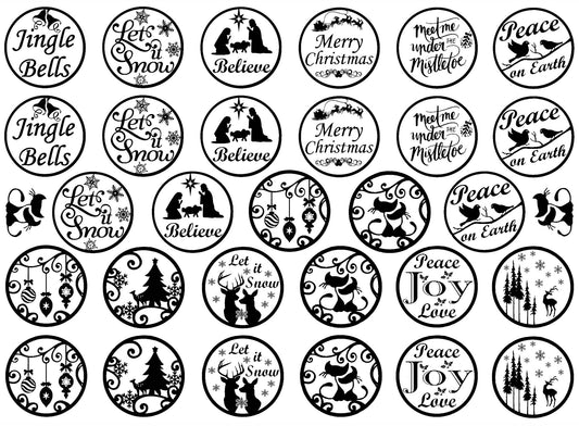 Christmas Rounds 31 pcs 1 Inch Black Fused Glass Decals