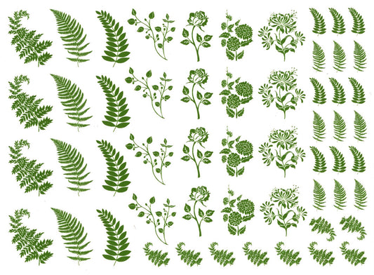 Flowers Fronds 57 pcs 0.5 to 1 Inch Green Fused Glass Decals