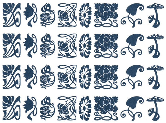 Art Nouveau Flowers 32 pcs 1 Inch Blue Fused Glass Decals