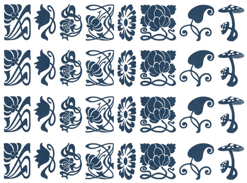 Art Nouveau Flowers 32 pcs 1" Blue Fused Glass Decals