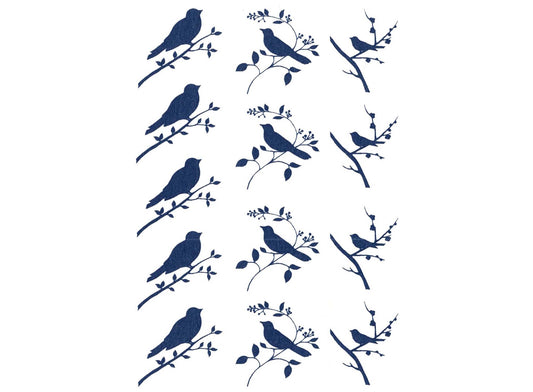 Bird On Branch 13 pcs 1 Inch Blue Fused Glass Decals