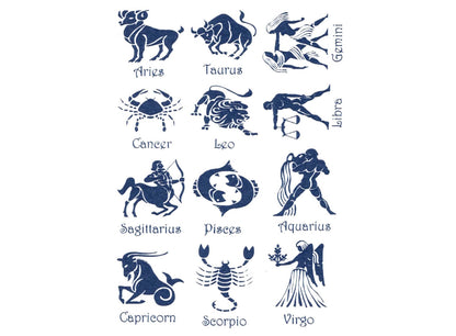 Astrology Zodiac Signs 12 pcs 1 Inch Blue Fused Glass Decals