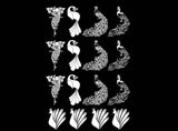 Fancy Peacock Birds 16 pcs 1-1/4" White Fused Glass Decals