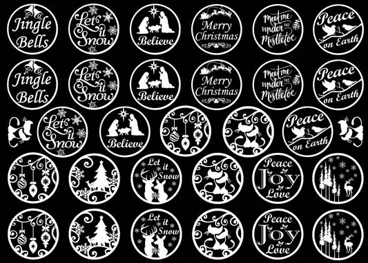 Christmas Rounds 31 pcs 1" White Fused Glass Decals