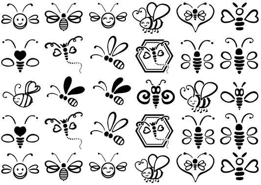 Baby Bumble Bees 30 pcs Black Fused Glass Decals