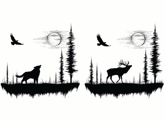 Moon Valley Elk Wolf 2 pcs 4 Inch Black Fused Glass Decals