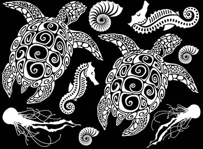 Sea Turtles Seahorses Jellyfish 9 pcs 4 Inch White Fused Glass Decals