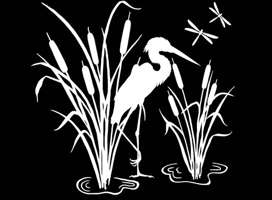 Heron Cattails 2 pcs 4" White Fused Glass Decals 1244
