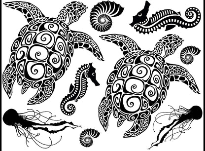 Sea Turtles Seahorses Jellyfish 9 pcs 0.75 to 4 Inch Black Fused Glass Decals