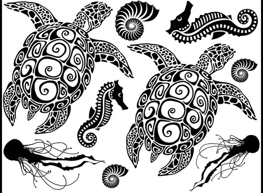 Sea Turtles Seahorses Jellyfish 9 pcs 0.75 to 4 Inch Black Fused Glass Decals
