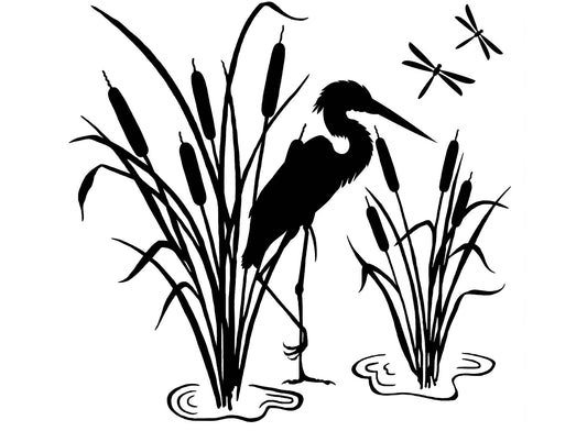 Heron Cattails 2 pcs 4" Black Fused Glass Decals