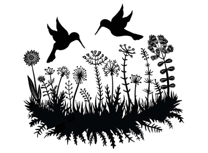 Hummingbird Flower Garden 2 pcs 4 Inch Black Fused Glass Decals