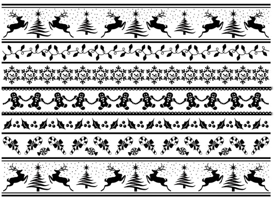 Christmas Stripes Deer Holly 1 pc 5"X7" Black Fused Glass Decal