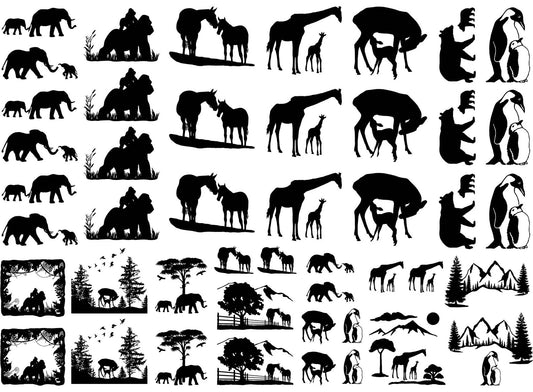 Mom Baby Animals 48 pcs 1"  Black Fused Glass Decals